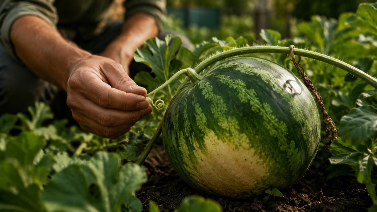 A gardener checking a watermelon in the garden before harvest