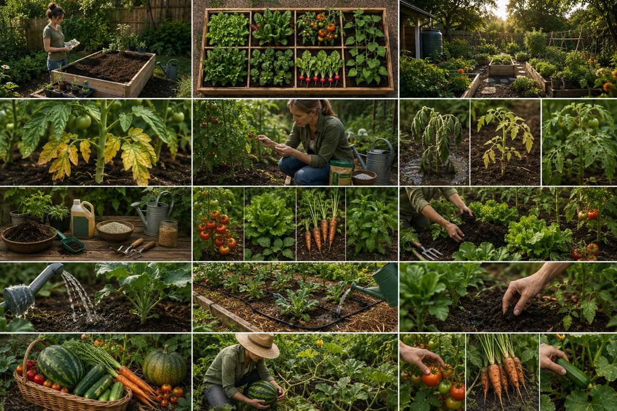 Vegetable garden care scenes showing compost, fertiliser, watering and crop health checks