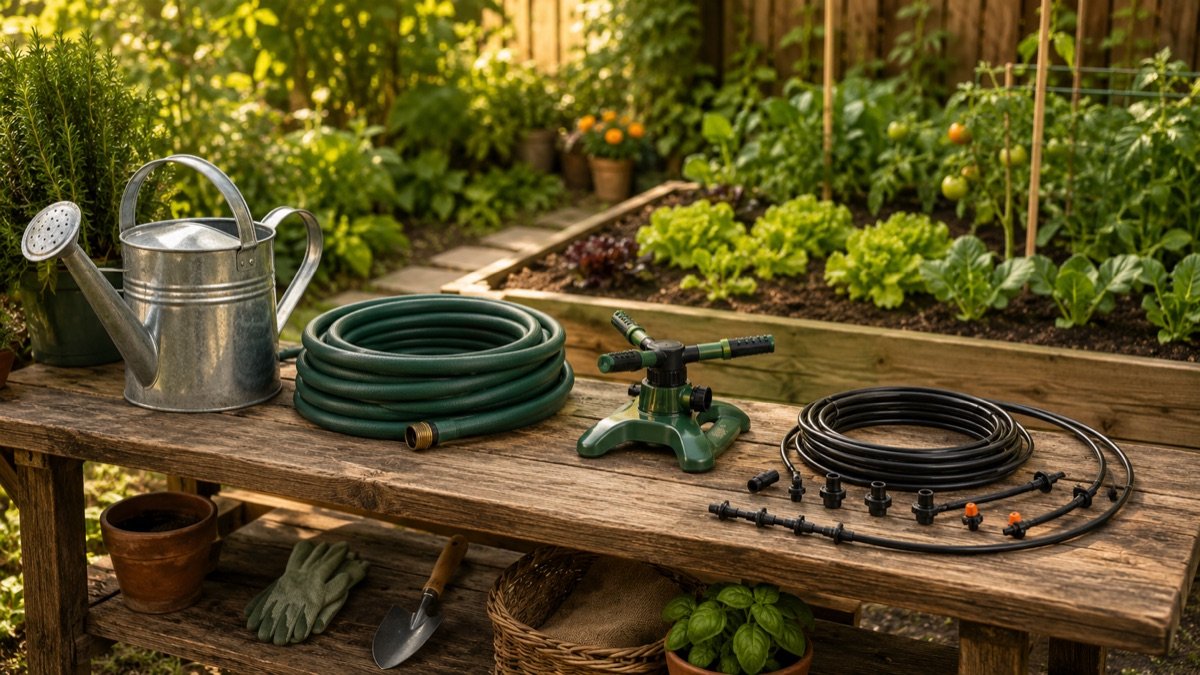 Watering tools and irrigation equipment beside a productive vegetable garden