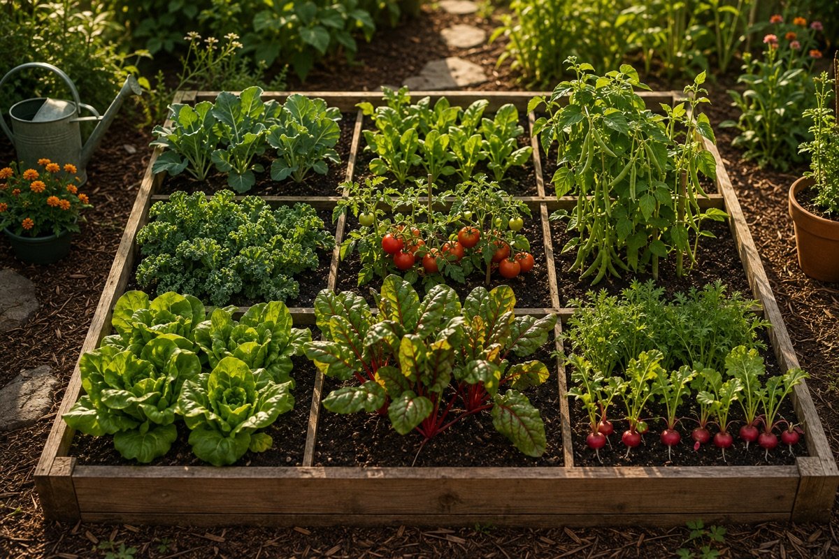 A raised vegetable garden divided into practical crop sections