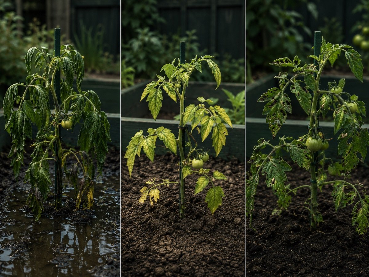 Tomato plants showing different yellow leaf and stress patterns