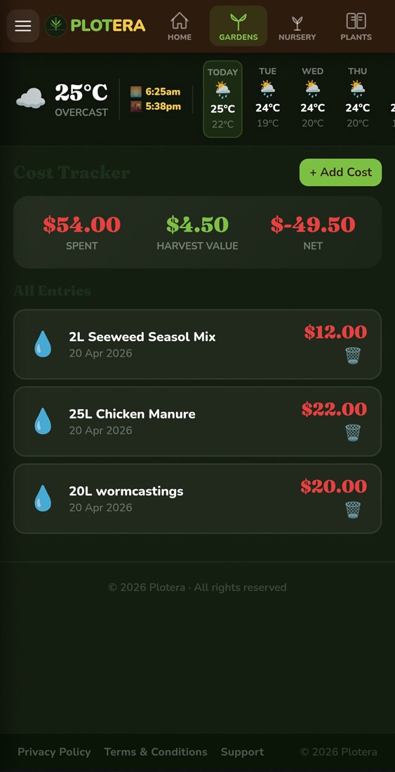 Plotera garden cost tracker screen