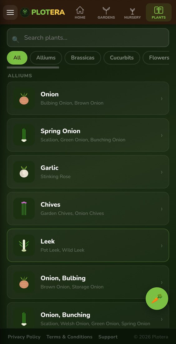 Plotera plant encyclopedia search screen
