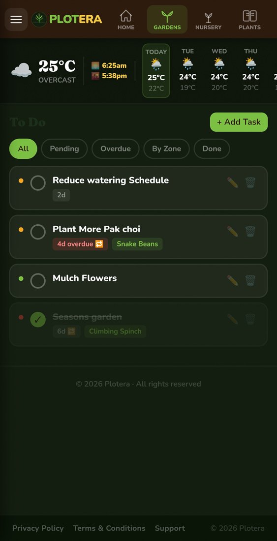 Plotera garden to-do list with tasks by date