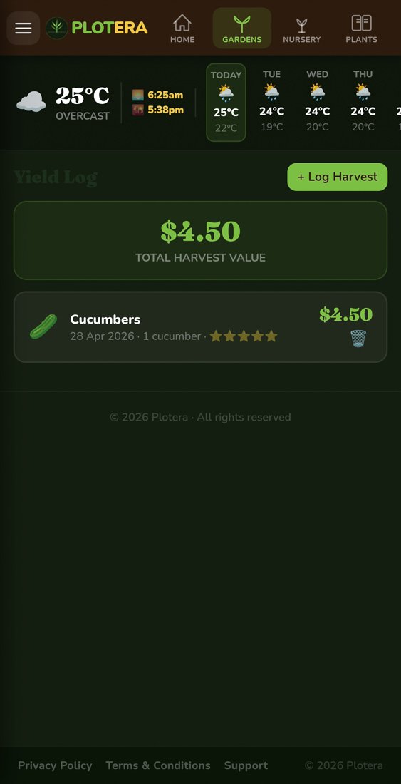 Plotera yield log screen for recording harvests