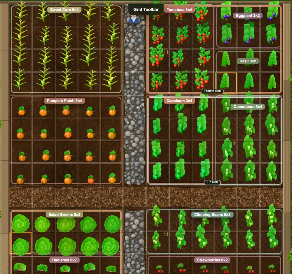 Plotera's 2D garden plan: raised beds of sweet corn, tomatoes, pumpkins and salad greens laid out on a grid