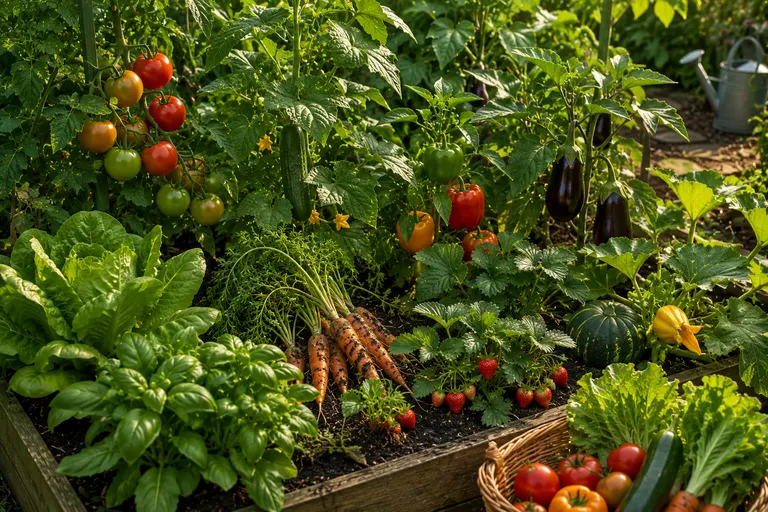 A raised bed overflowing with tomatoes, lettuce, carrots, capsicum and eggplant
