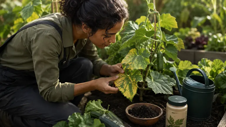 A gardener inspecting yellowing leaves on a cucumber vine