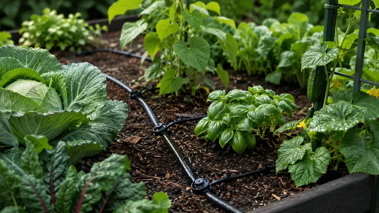 Drip irrigation line running between cabbages, basil and cucumbers in a raised bed