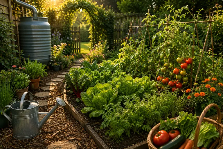 A sunlit backyard vegetable garden with a stepping-stone path, rainwater tank and watering can