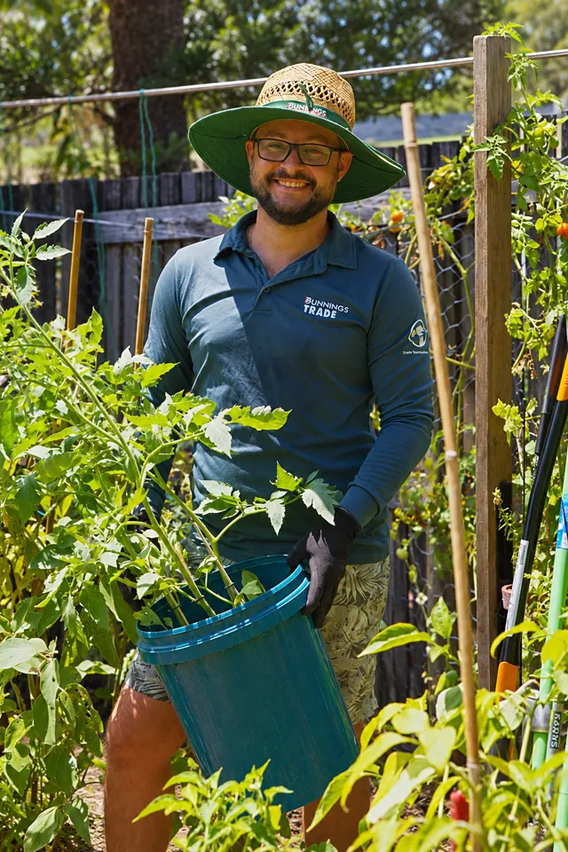 A smiling gardener in a wide-brim hat holding a bucket of tomato plants in a backyard vegetable garden