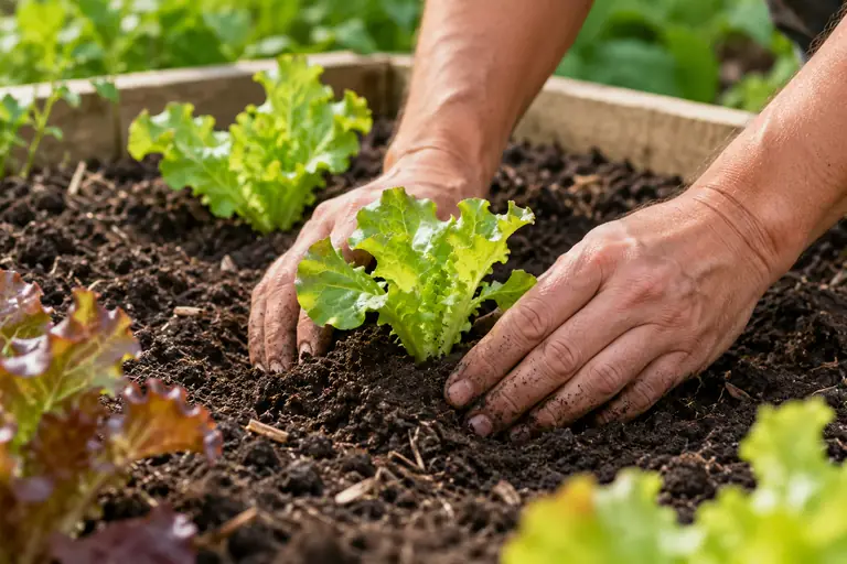 Hands planting a lettuce seedling into dark soil