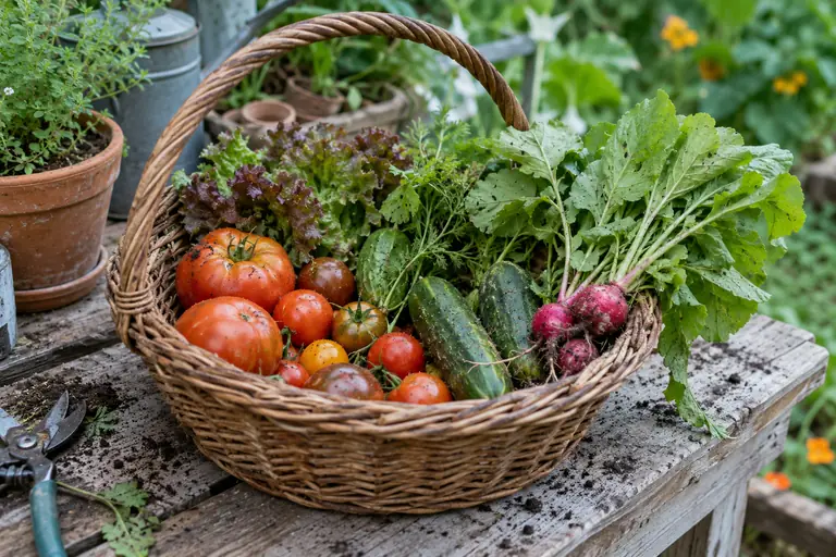 A basket of homegrown tomatoes, cucumbers, radishes and lettuce