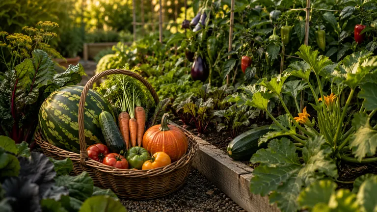 A harvest basket of watermelon, pumpkin, carrots and capsicum beside a full vegetable bed