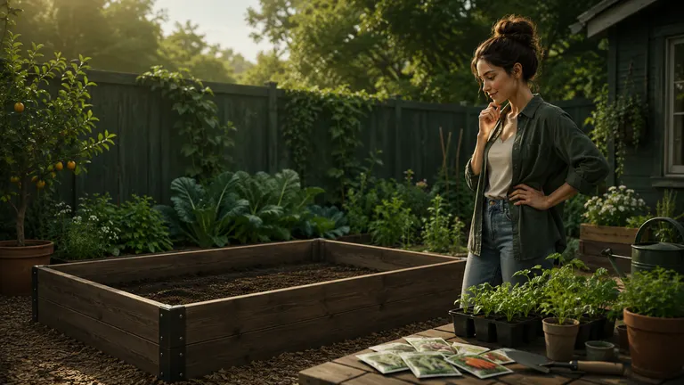 A gardener planning an empty timber raised bed with seed packets and seedlings beside it