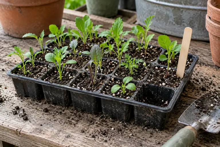 A tray of young seedlings with a plant label
