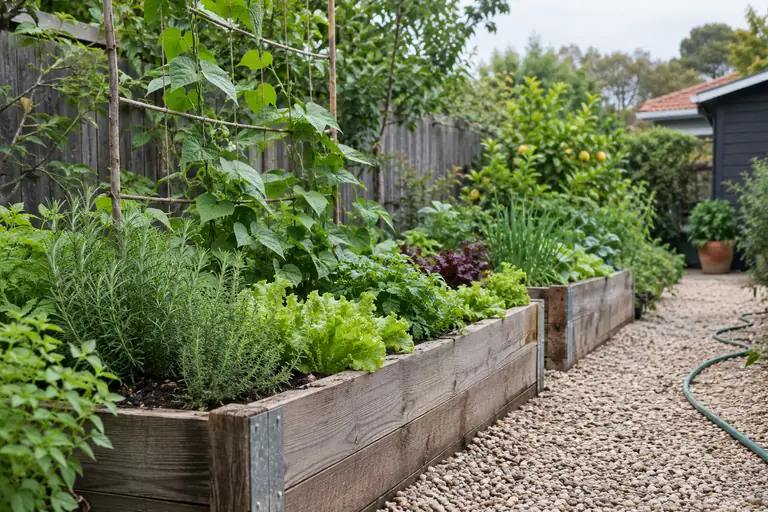 Timber raised beds with herbs, lettuce and climbing beans beside a gravel path