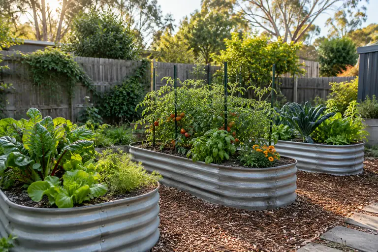 Corrugated tin raised beds with tomatoes, basil, chard and marigolds in a backyard