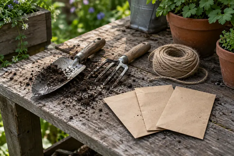 Garden trowel, fork, twine and seed packets on a potting bench