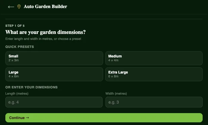The first step of Plotera's Auto Garden Builder, asking for garden dimensions with small, medium, large and extra large presets