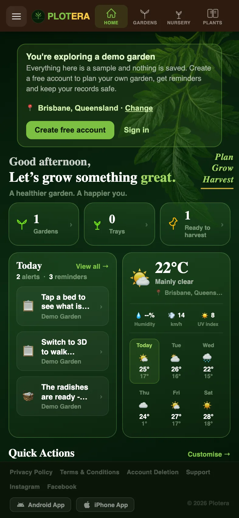 Plotera's home screen on an Android phone showing gardens, trays and today's reminders