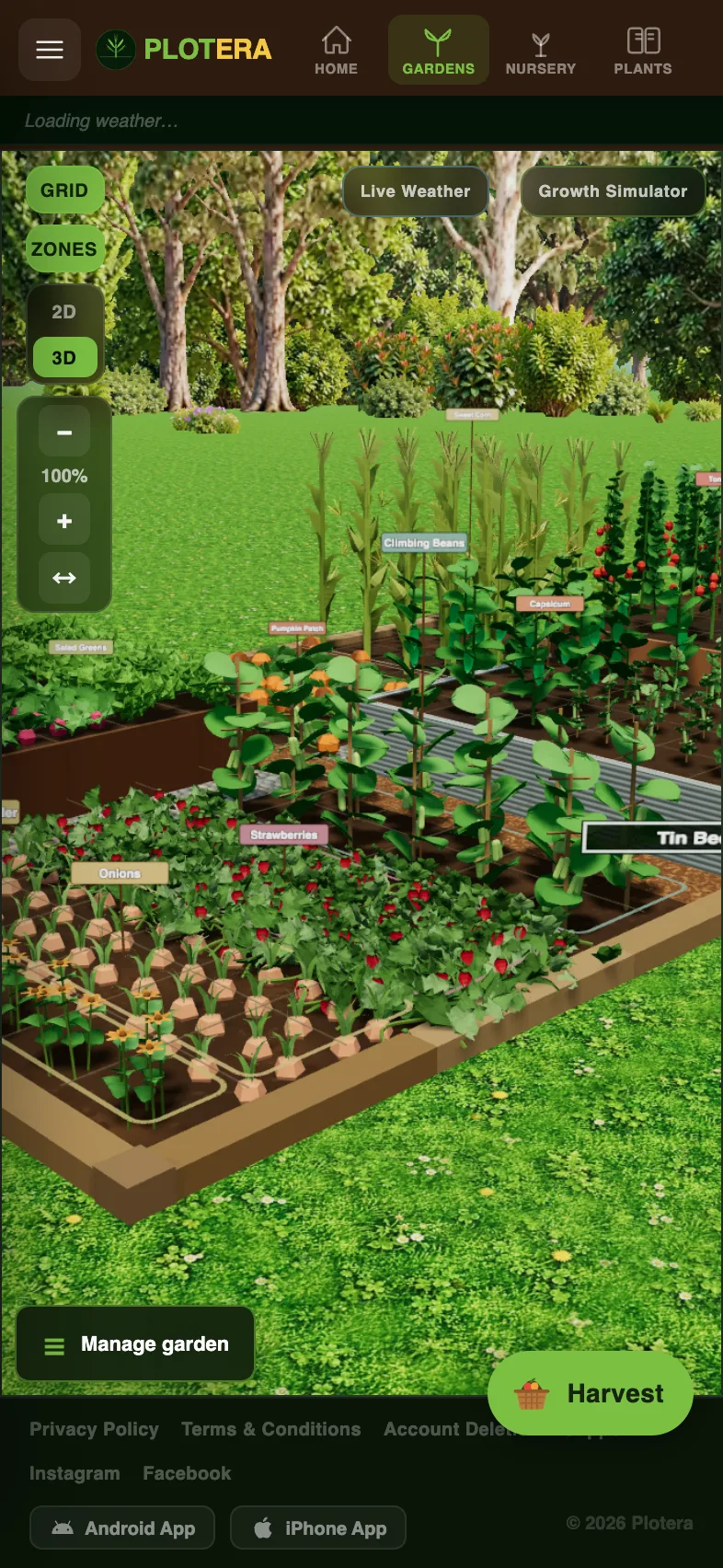 Plotera's 3D garden view running on an iPhone, with a raised vegetable garden in a forest clearing