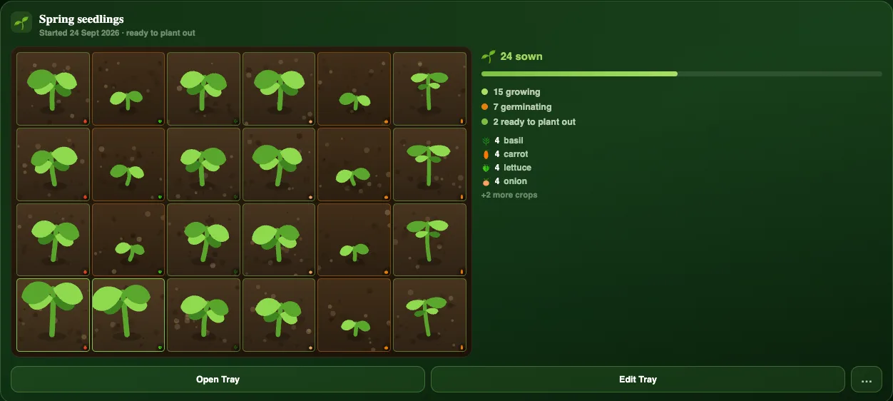 A Plotera seedling tray with tomato, lettuce, basil, onion, pumpkin and carrot seedlings at different stages of growth