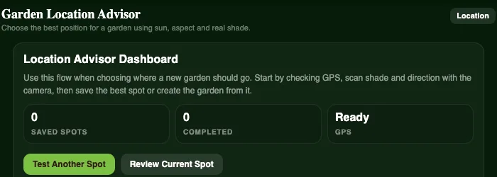 The Garden Location Advisor dashboard in Plotera with saved spots, completed gardens and GPS status
