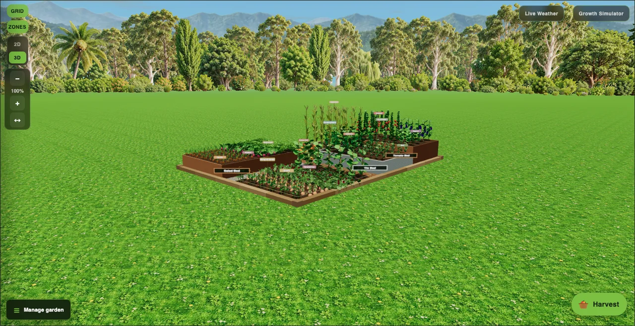 A vegetable garden in Plotera's 3D view, surrounded by trees with mountains in the distance