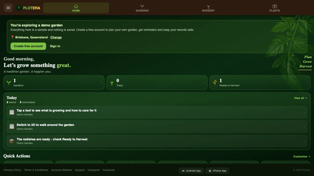 Plotera's home screen showing the demo garden, with today's reminders and garden stats