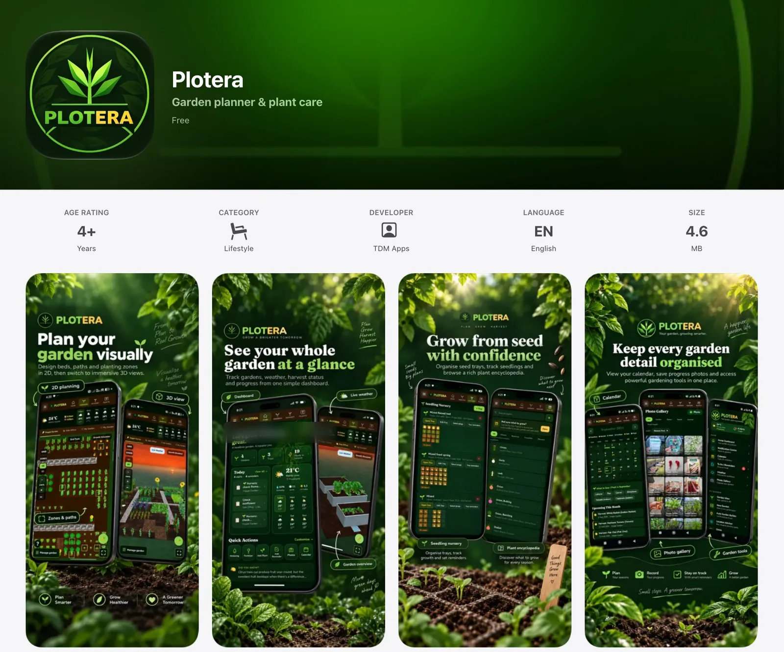 Plotera's App Store listing, with the Plotera icon and four screenshots of the garden planner on iPhone