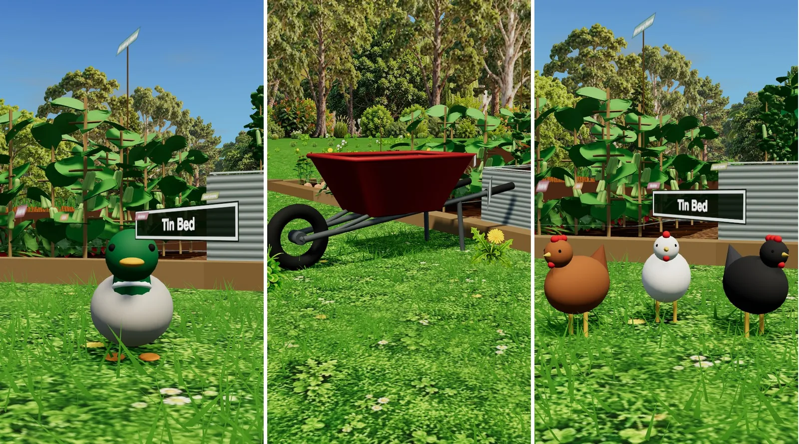 Three scenes from Plotera's 3D garden: a mallard duck on the lawn, a red wheelbarrow of soil, and three hens by the vegetable beds