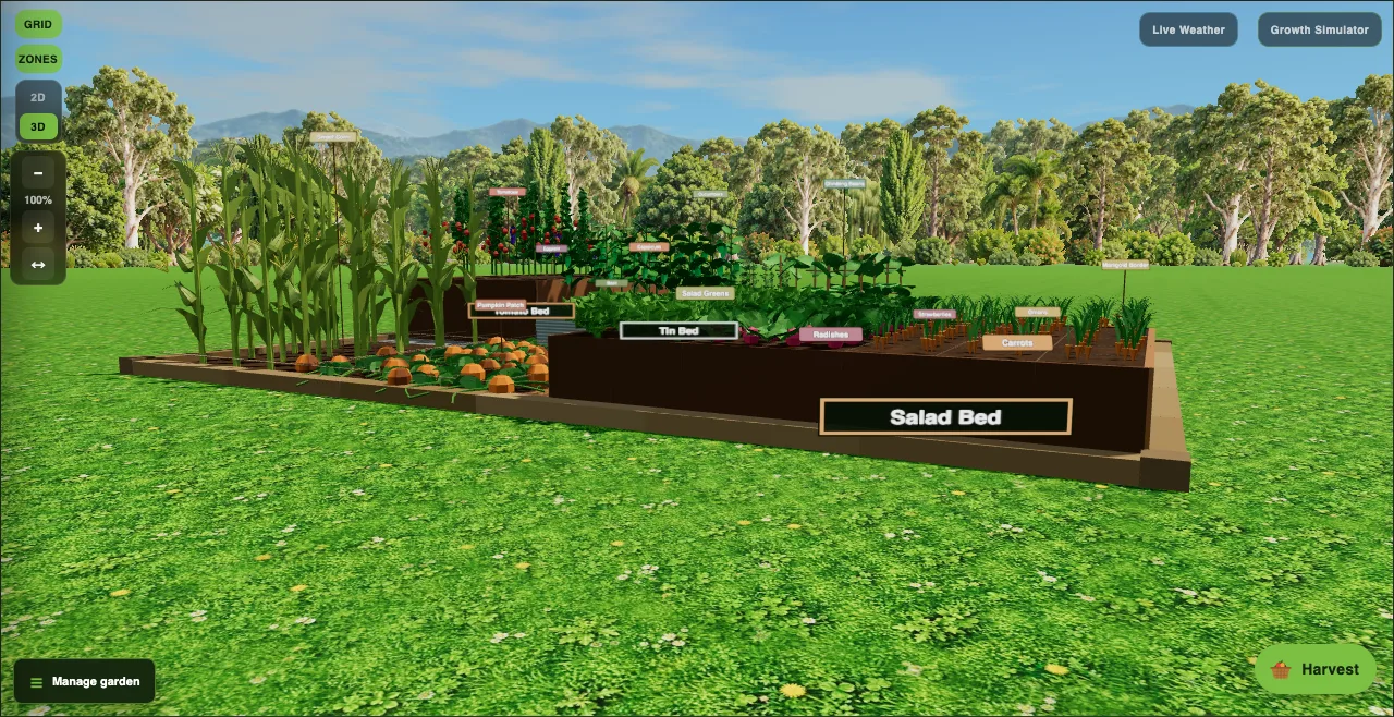 A raised vegetable garden in Plotera's 3D view, with a dense forest of gums and palms behind the lawn