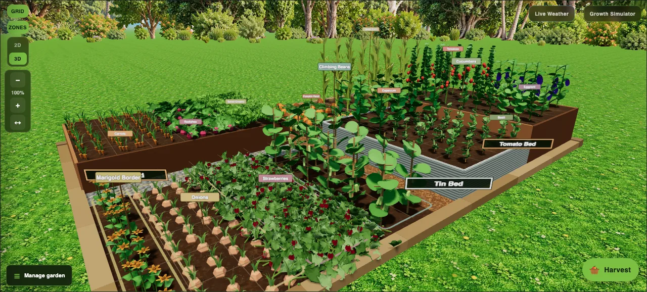 A planted vegetable garden in Plotera's 3D view with raised beds and labelled crops