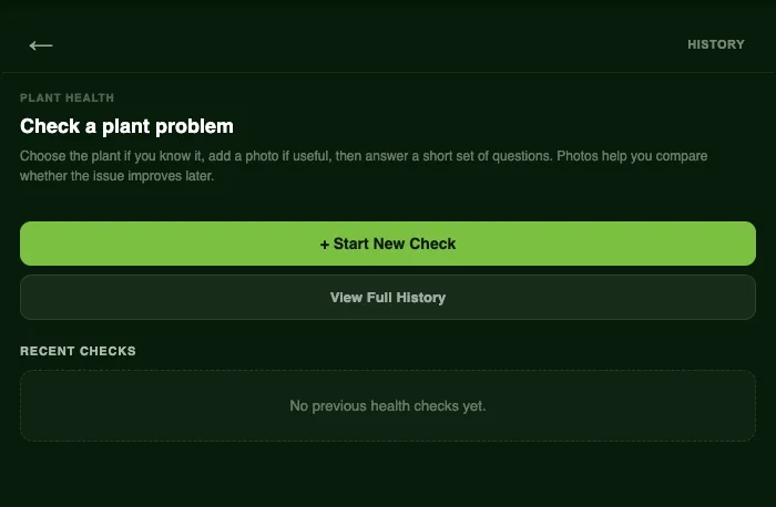 Plotera's plant health screen with a button to start a new check and a history of recent checks
