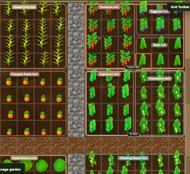 A top-down Plotera garden plan with timber-edged beds, stone paths and crops including corn, tomatoes and pumpkins